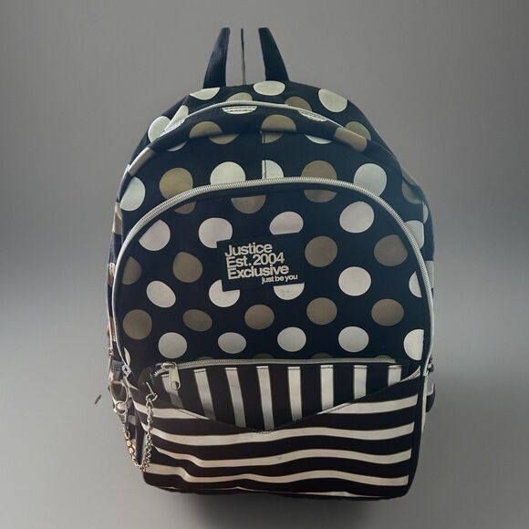 Justice Backpack Est 2004 Exclusive "Just Be You" Gold & White Polka-dot &Stripe - Picture 1 of 10